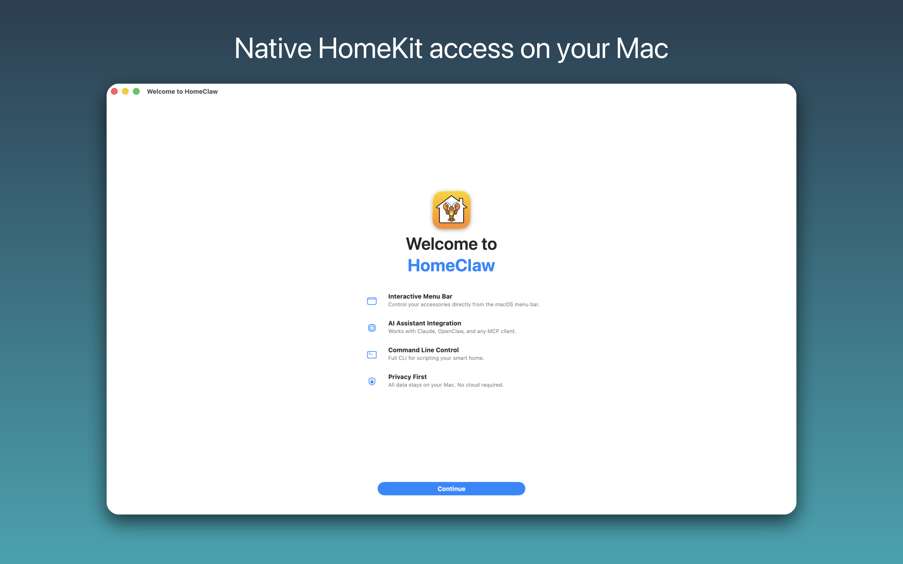 Onboarding — welcome screen with HomeKit setup